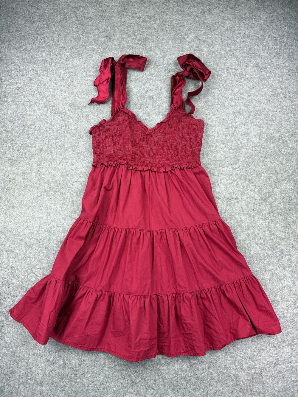 Altar'd State Burgundy Smocked Tie-Shoulder Tiered Mini Dress Size M